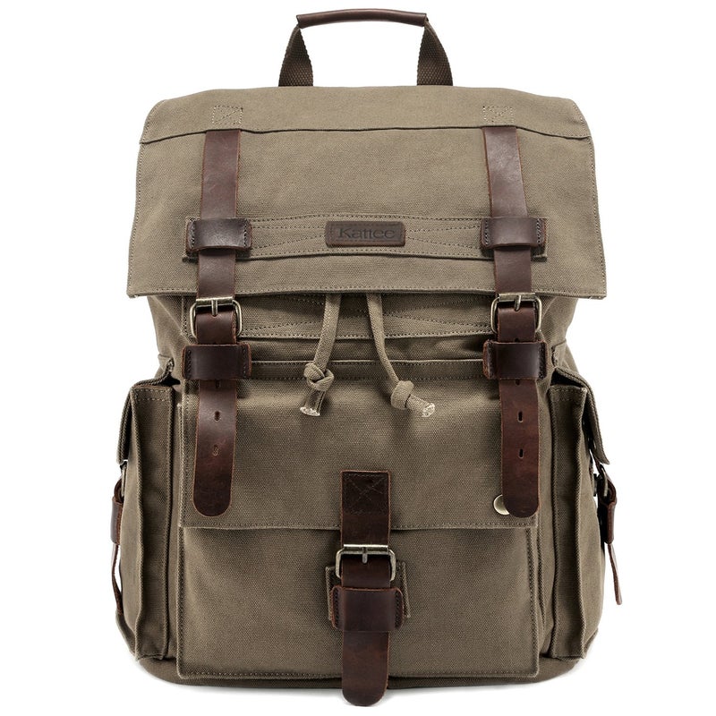 Kattee Menâ€™s Leather Canvas Backpack Large School Bag Travel Rucksack Army Green - Image 1